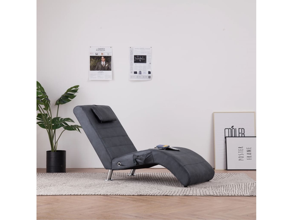 Vidaxl Chaise Longue De Massagem C/ Almofada Camurça Artif. Cinzento