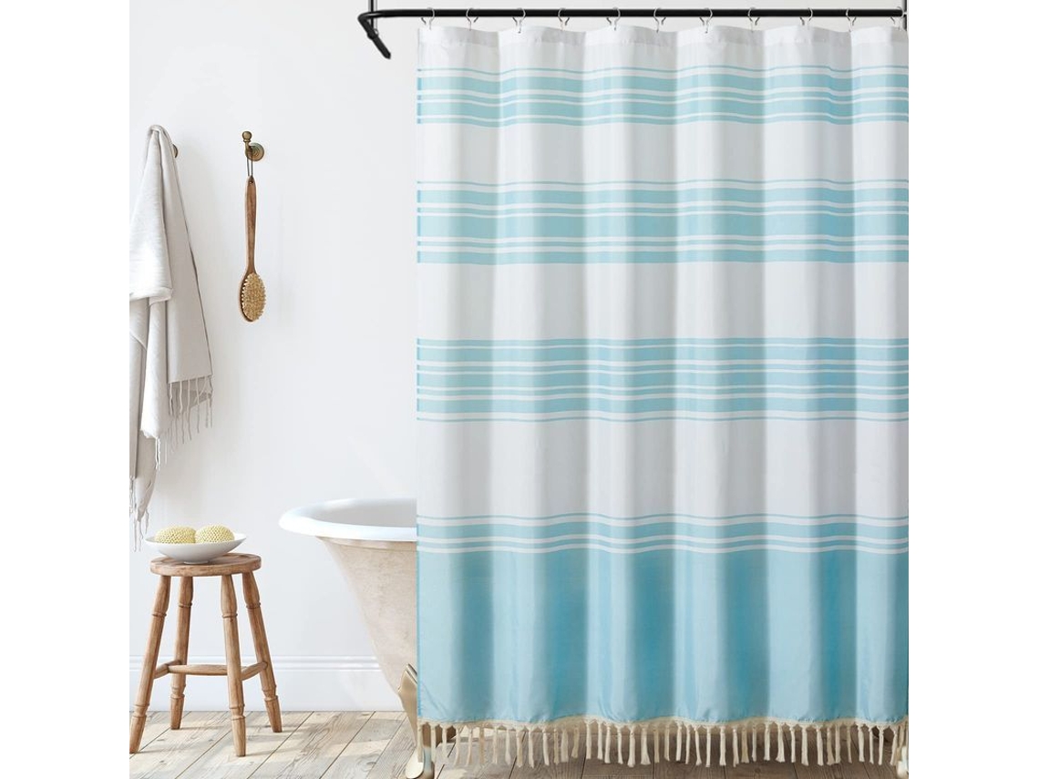 Cortina de Duche Nova Line, Azul e Branca, Listras Modernas, 180x180cm