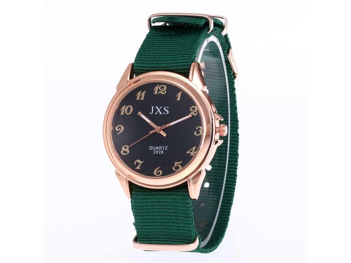 Relógio de pulso unissex de quartzo com pulseira de nylon verde, estilo casual.