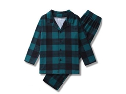 Pijamas Navideños Para Niño 4-5y Con Cuello Bajo, Mangas Largas Y Estampado De Cuadrícula Verde Oscuro