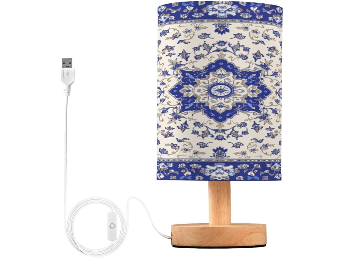 Cabeceira de mesa com iluminação LED em porcelana azul e branca com portas USB, luminária de leitura e luminária de mesa para quarto.
