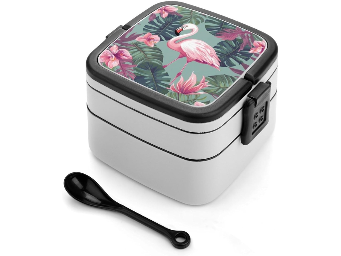 Lancheira Dupla Com Colher E Alça, À Prova De Vazamentos, Tudo Em Um, Para Adultos, Com Estampa De Folhas Tropicais E