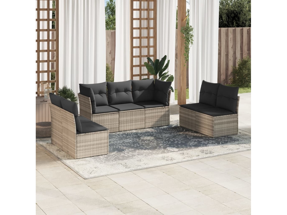 Vidaxl 7 Pcs Conj. Sofás Jardim Com Almofadões Vime Pe Cinzento-claro