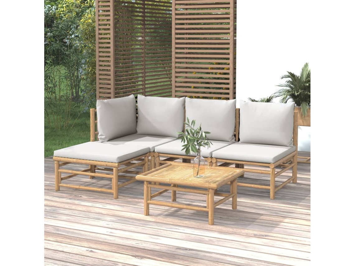 Vidaxl 5 Pcs Conj. Lounge De Jardim Bambu C/ Almofadões Cinzento-claro