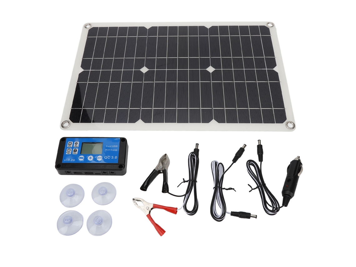 Carregador solar portátil Primerox de 100 W e 18 V com painel monocristalino e controlador USB.