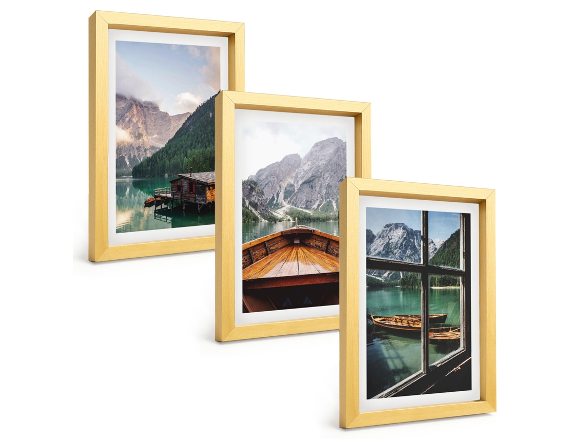 Composição De Quadros Lago Na Montanha, Barco, Chalés Espelharte (3 Peças 20x30 Cm)