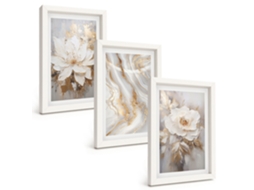 Composição De Quadros Flores, Mármore Abstrato Moldura Branca Quadros Para A Sala De Estar Espelharte (3 Peças 20x30 Cm)