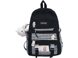 Mochila Grande LINJOU Kawaii Harajuku com Estilo Plaid para Estudantes (preto)