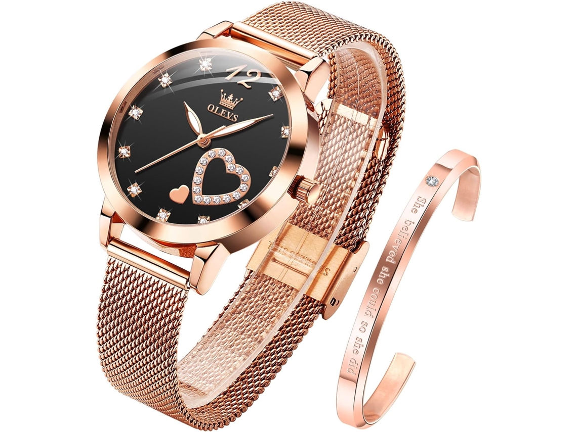 Lurelia Relógio Feminino, Movimento De Quartzo, Data/calendário, Detalhes Com Strass, Aço Inoxidável, Resistente À Água, Rosa Ouro, Preto