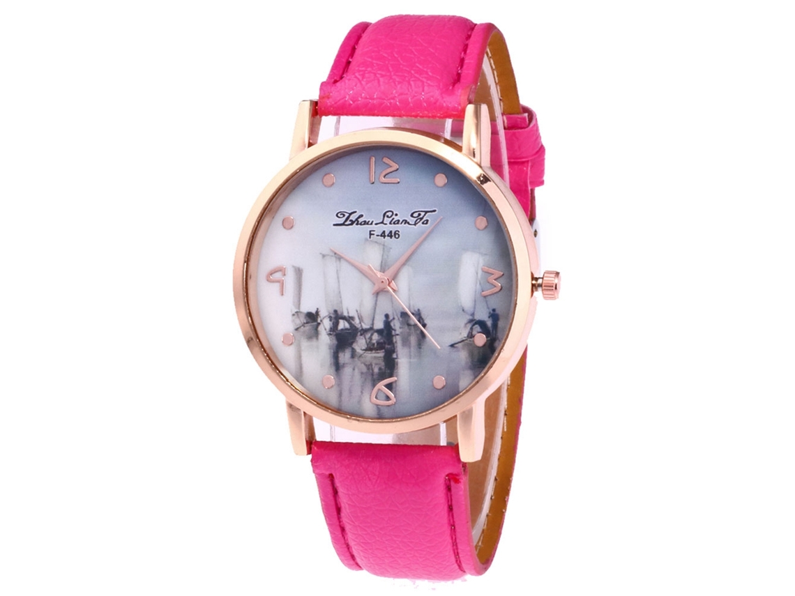 Relógio de pulso Zhoulianfa Quartz para casal com pulseira de couro PU e mostrador redondo rosa.