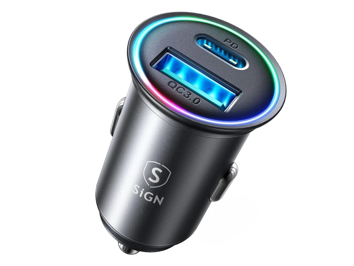 Carregador Veicular Sign Mini Metal 60w, Com Usb-c E Usb-a