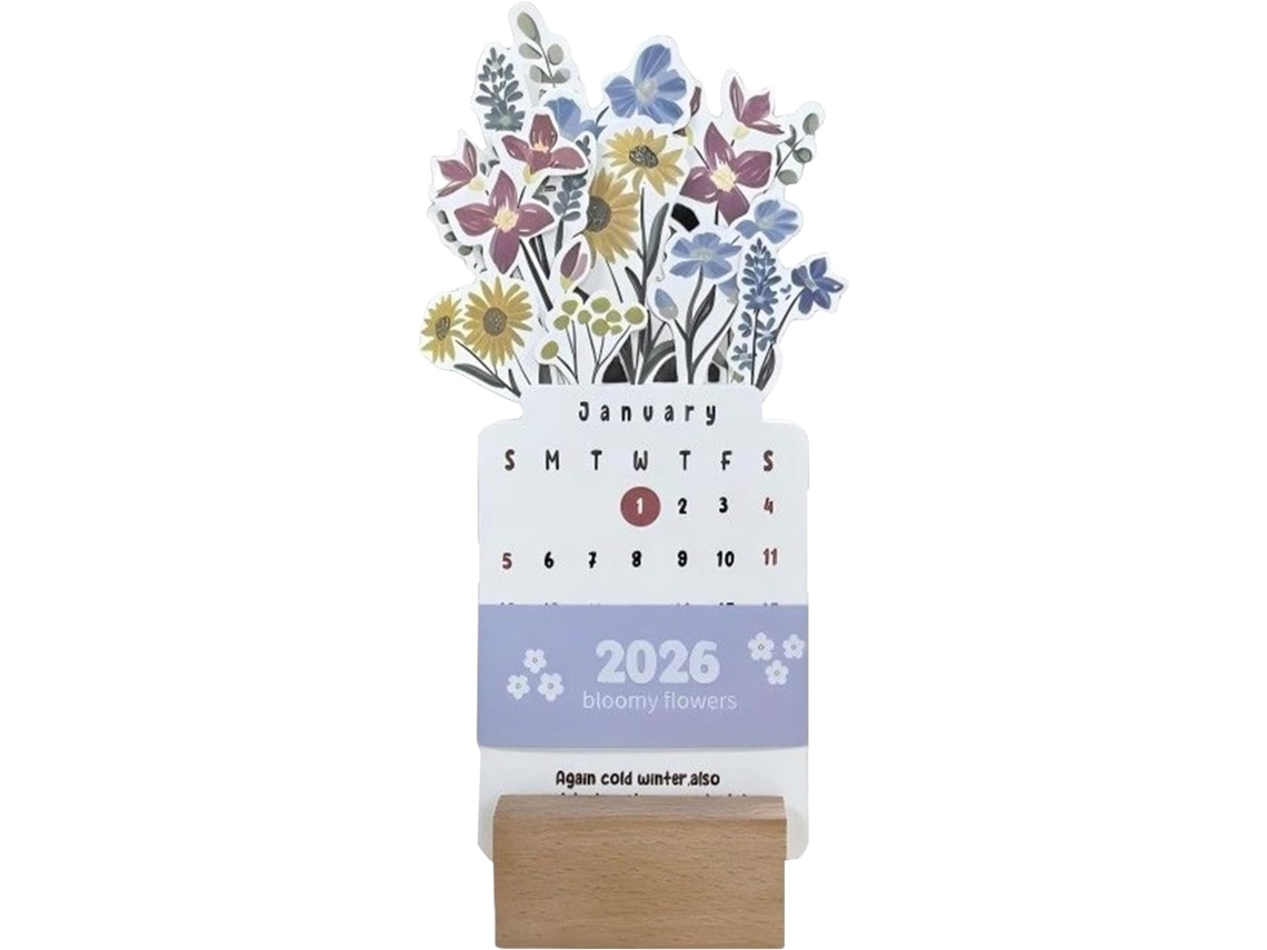Calendário De Mesa Floral- Planejador De Papel E Madeira| Mini Porta- Mensal De 19, 7 Cm Com Base De|