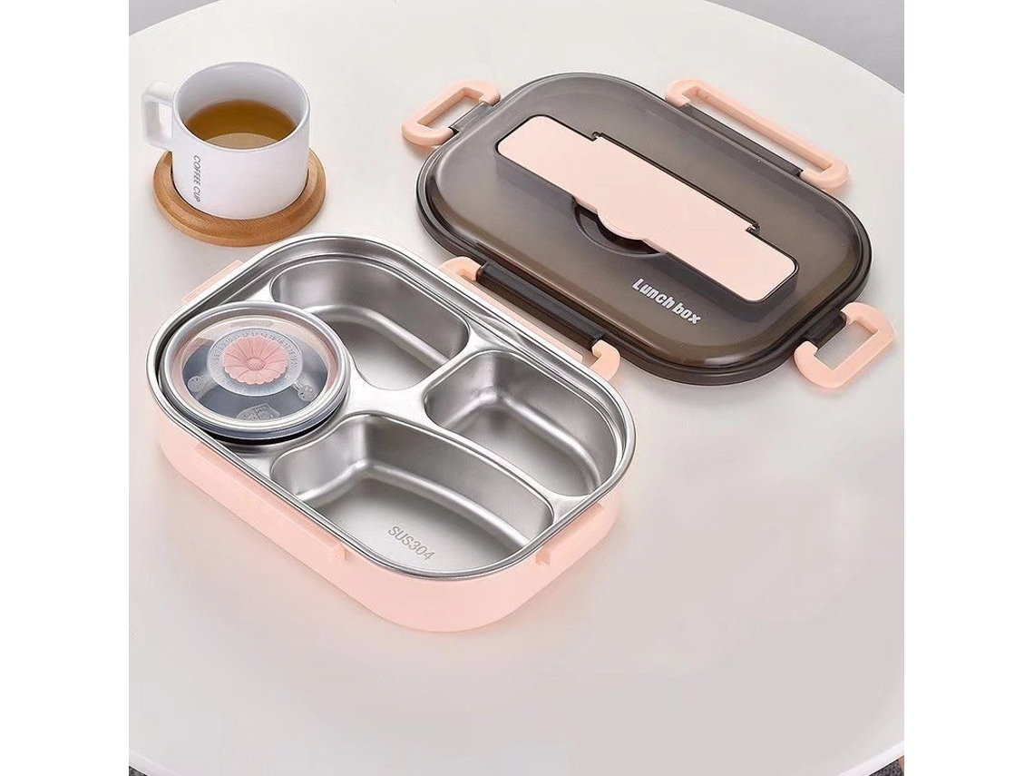 2026 bandeja Bento para Niños Estudiantes, Aislamiento Térmico, 4 Compartimentos, Acero Inoxidable, Rosa