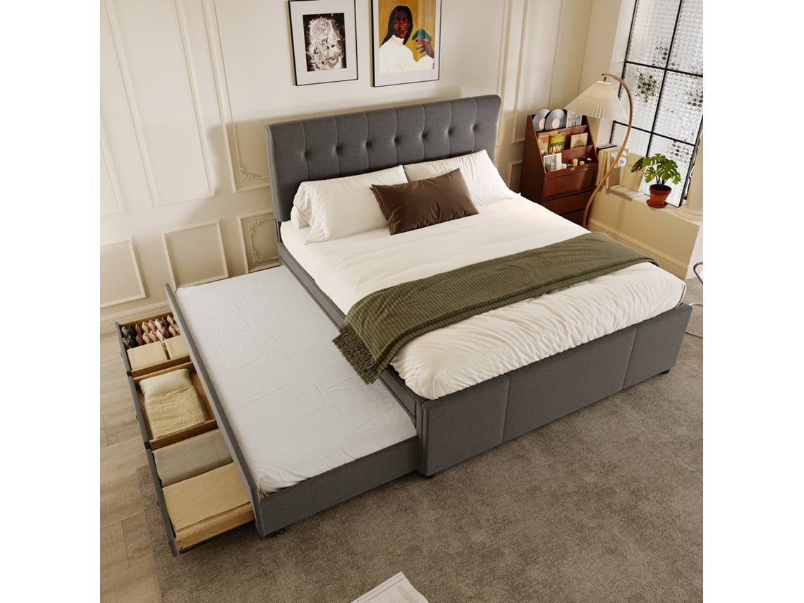 Cama Estofada 140x200cm Com Cama Extra 90x190cm Em Tecido De Linho Com 3 Gavetas E Estrado De Ripas Cinza Mobrio