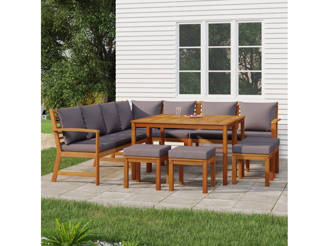 Vidaxl 11 Pcs Conjunto De Jantar P/ Jardim C/ Almofadões Acácia Maciça