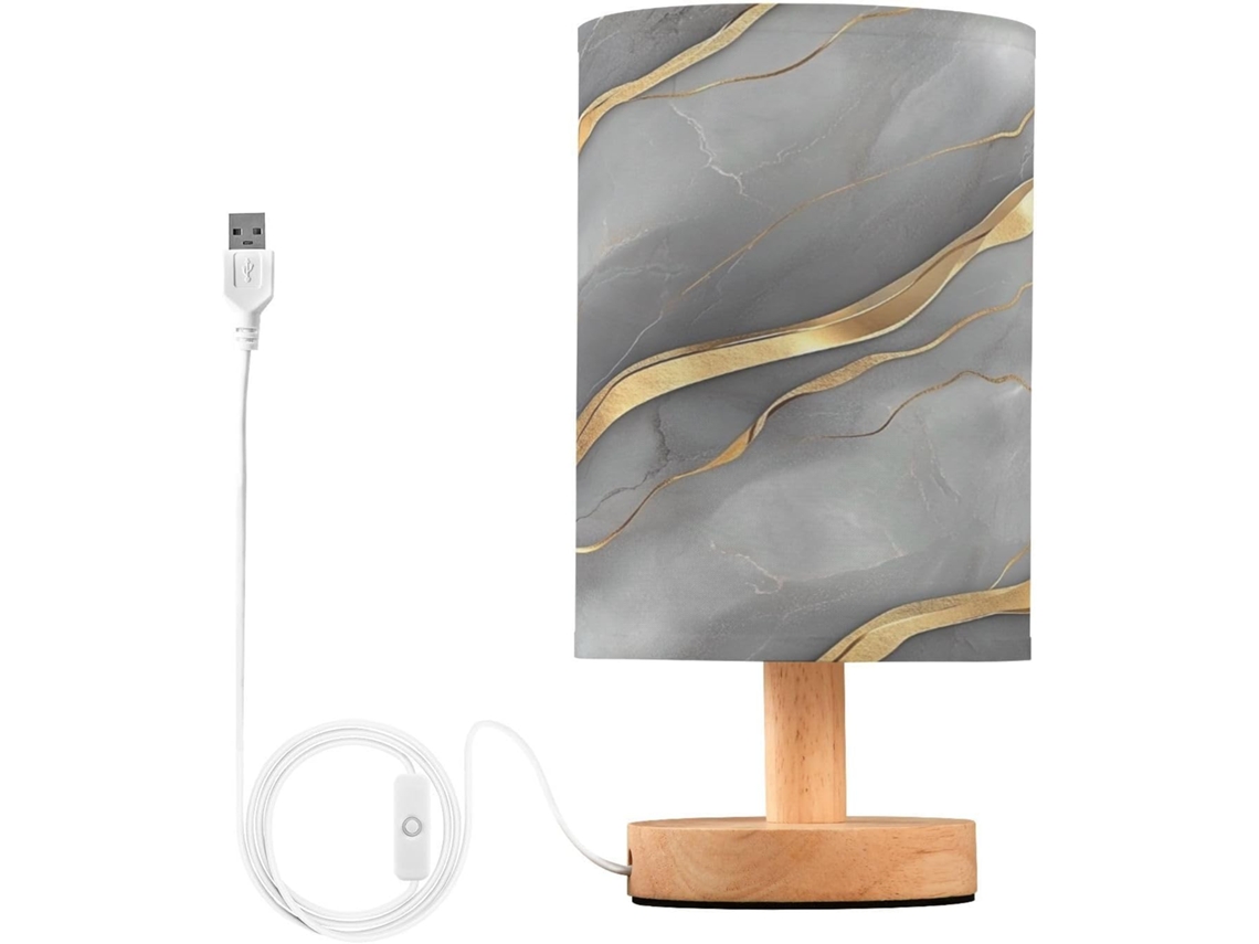 Abajur De Cabeceira Led Em Mármore Cinza Dourado Para Quarto, Luminária De Leitura Com Portas Usb E Cúpula Tecido Para