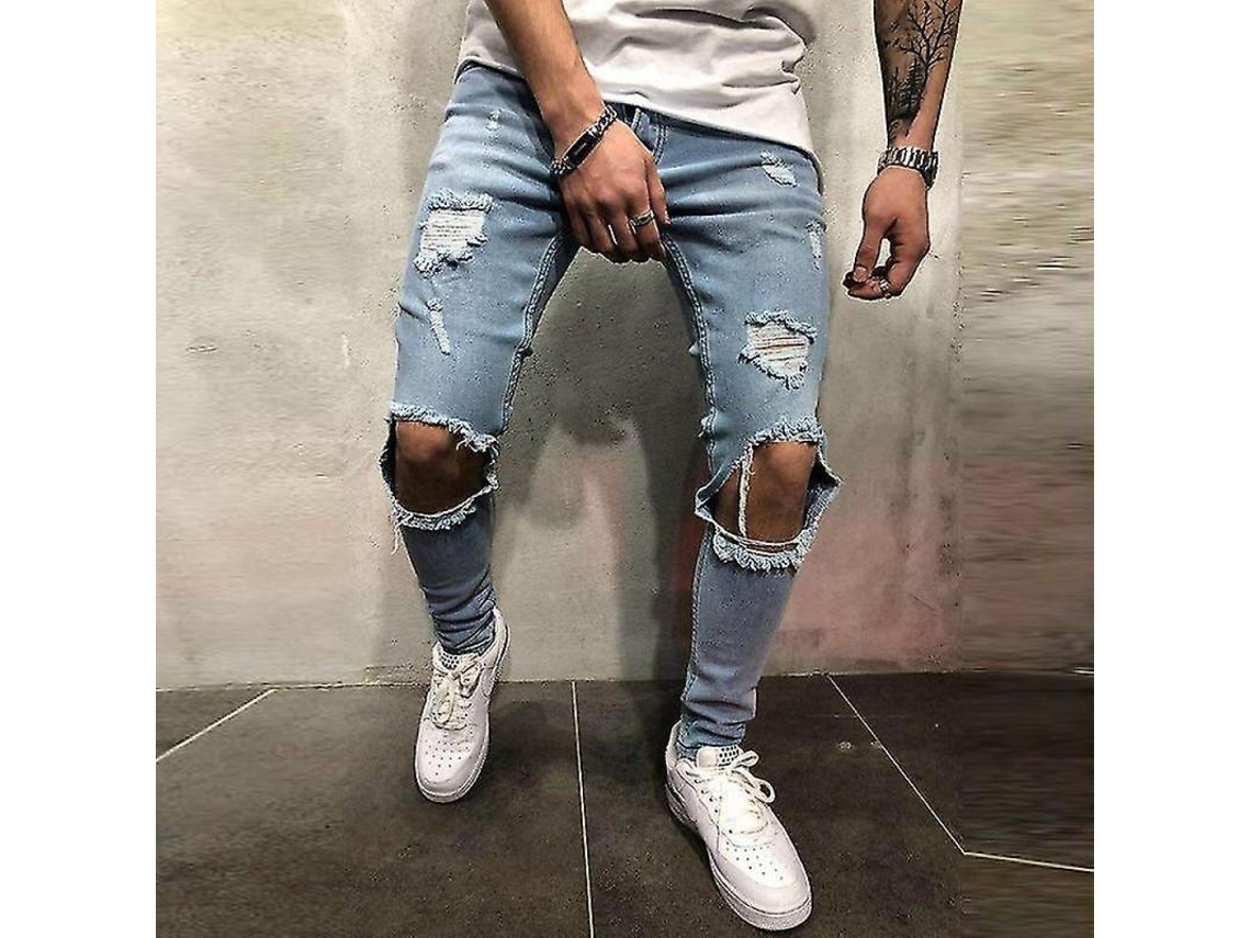 2026 pantalones Vaqueros Skinny Ripped para Hombre Con Roturas Y Deshilachados Talla S 3xl 2xl Azul Claro