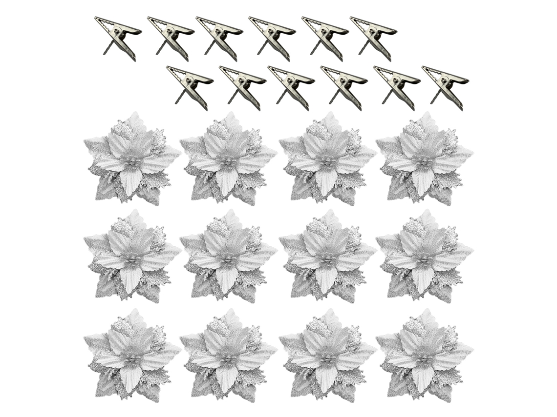 Laxiscreed Poinsettias Silver Com Clips, Conjunto De 12 Decorações De Natal De 9cm