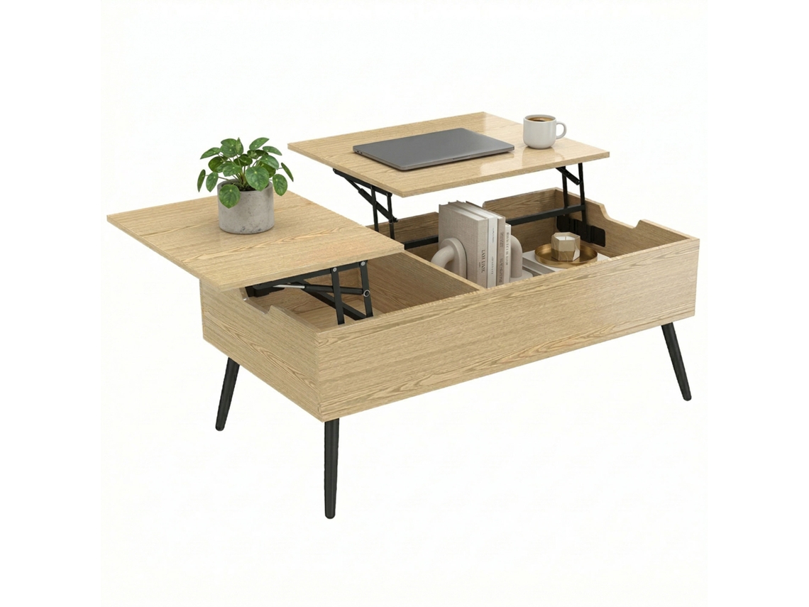 Mesa de Centro Elevável BTFORUS com tampo duplo, compartimento oculto e pés de metal, madeira natural