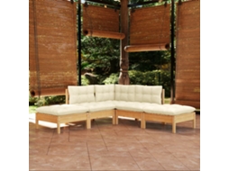 Vidaxl 5 Pcs Conjunto Lounge De Jardim C/ Almofadões Cor Creme Pinho