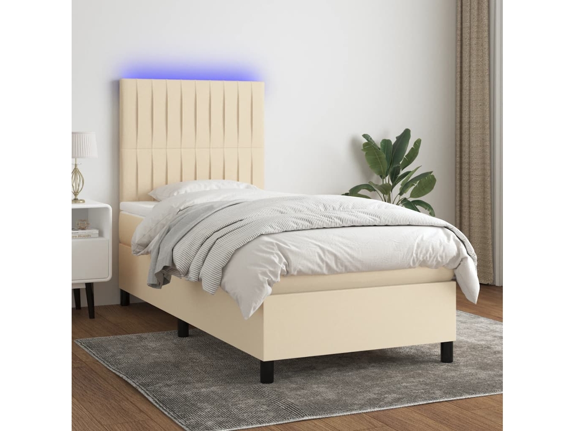 Vidaxl Cama Box Spring C/ Colchão E Led 90x200 Cm Tecido Cor Creme