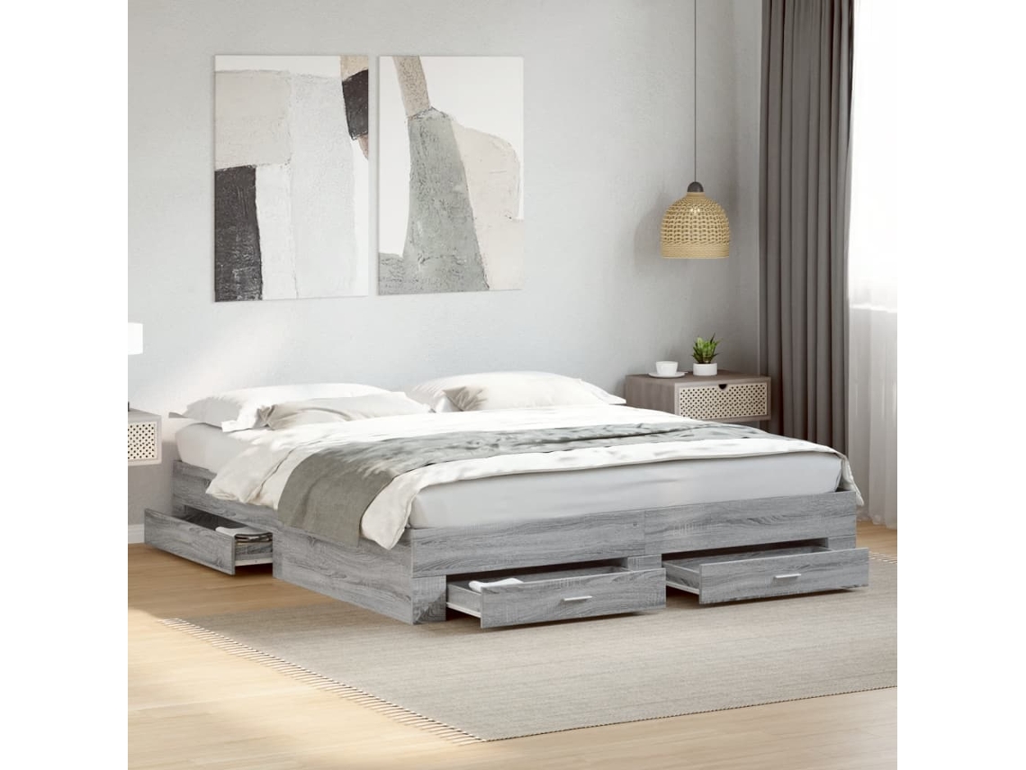 Estrutura De Cama C/ Gavetas Derivados Madeira Cinza Sonoma