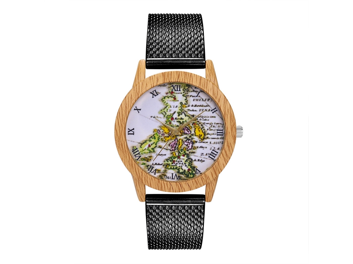 Relógio de pulso analógico de quartzo com pulseira de malha para homens e mulheres, preto.