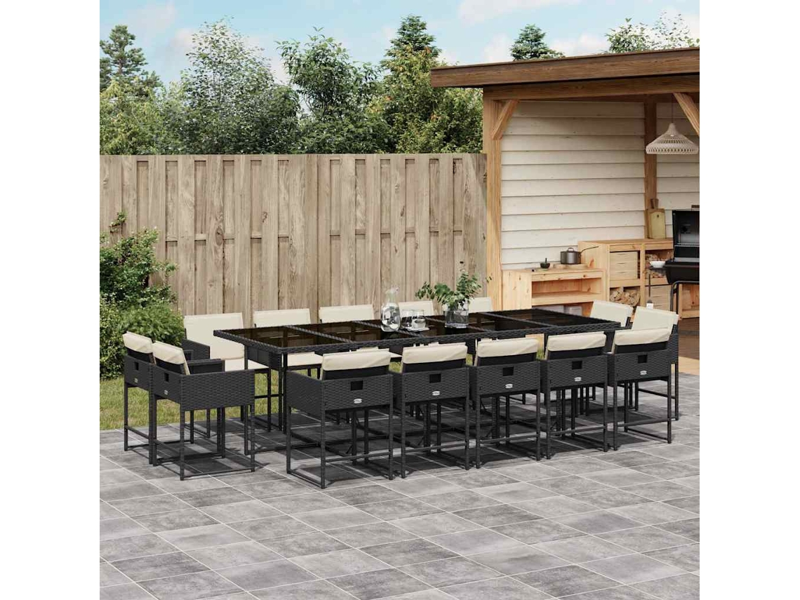 Vidaxl 15 Pcs Conjunto De Jantar P/jardim Com Almofadões Vime Pe Preto