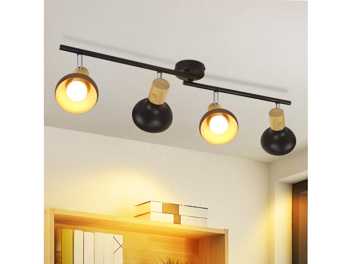 Nettlife Candeeiro De Teto Com Focos Vintage E14 Interior Preto Ajustável 350° Industrial 4 Luzes Redondas, 25 W, Para Sala, Quarto