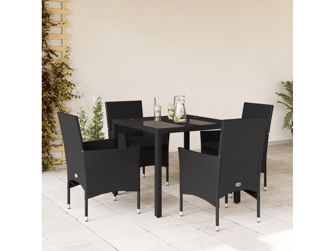 Vidaxl 5 Pcs Conjunto Jantar Jardim C/ Almofadões Vime Pe/vidro Preto