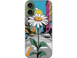 Capa Para Celular Compatível Com Apple Iphone 17. Grande Flor Em Rua Da Cidade Com Casas Coloridas E Estilo Retrô, Contraste Único Entre A Natureza E