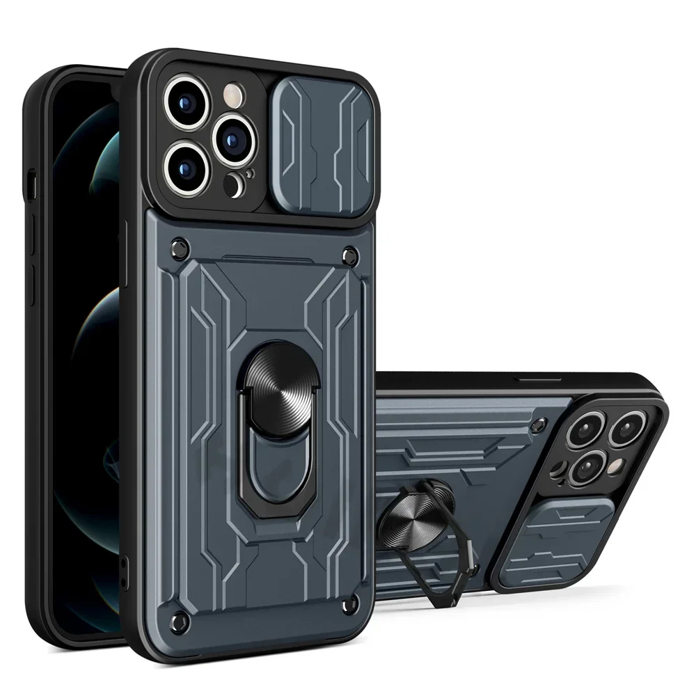 (cinza, Iphone 15 Pro Max) Capa Com Anel Magnético 360°, Porta-cartão E Tampa Deslizante Para Câmera
