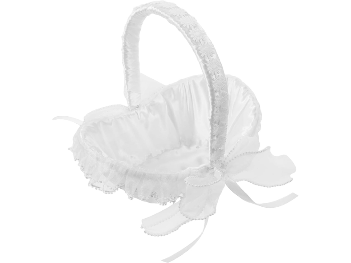 Cesta De Cetim Branco Para Dama De Honra Com Pérolas Artificiais, Design Elegante.