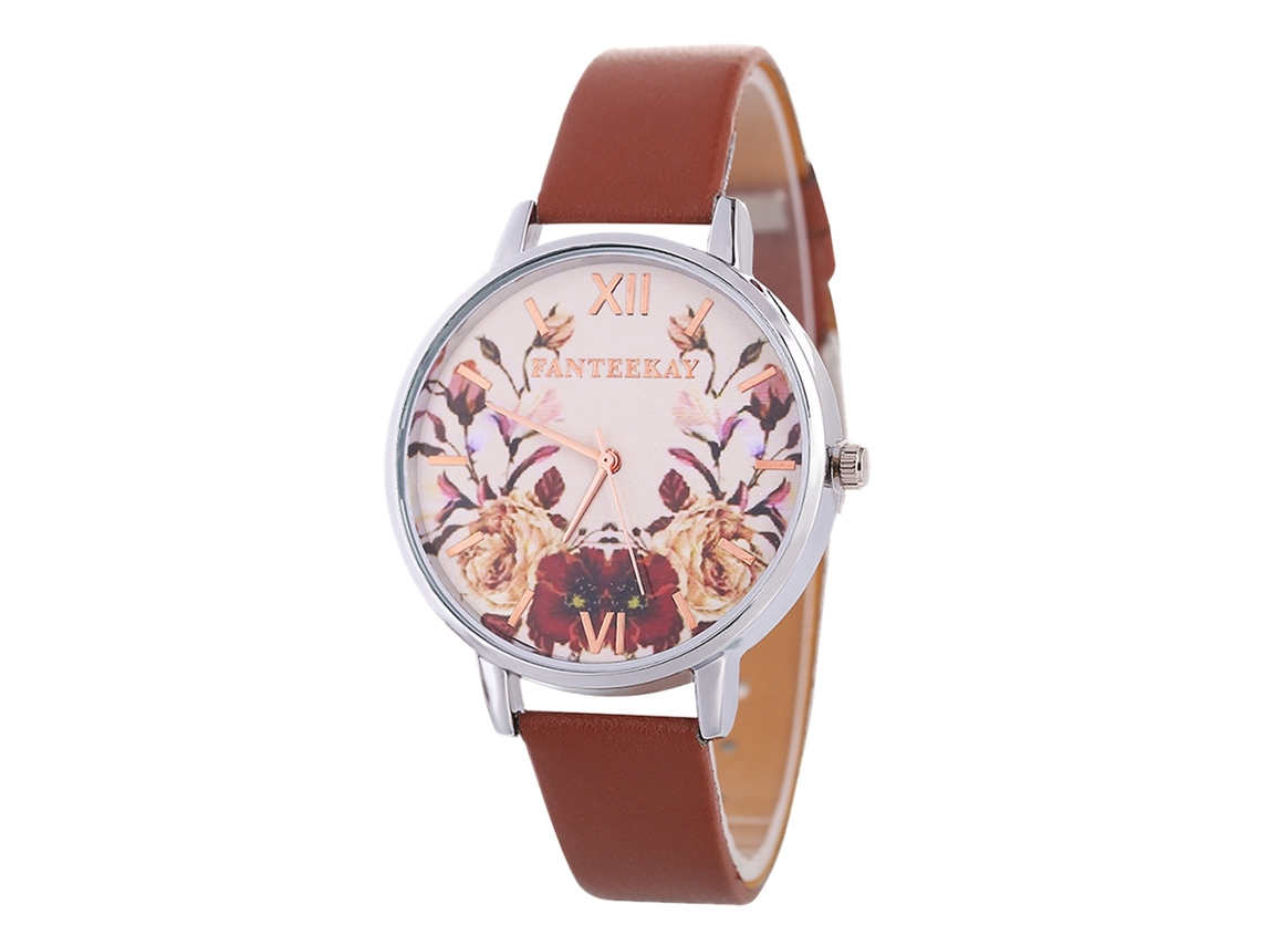 Relógio de Pulso Casual Feminino Estilo Coreano Flor com Pulseira de Couro Marrom