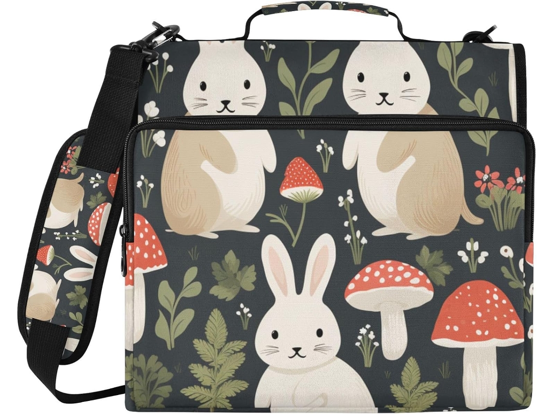 Organizador de Arquivos com 3 Argolas, Espaço para Armazenamento e Diversas Bolsas, Estampado com Coelho e Cogumelo da Floresta, Ideal Ou