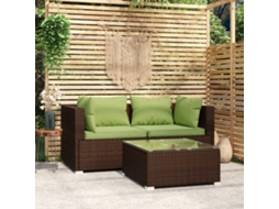 Vidaxl 3 Pcs Conjunto Lounge Jardim C/ Almofadões Vime Pe Castanho