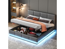 Cama Casal Cinza 160x200cm Estofada, Led, Cabeceira Ajustável, Hidráulica, Ripas (s/ Colchão).-op