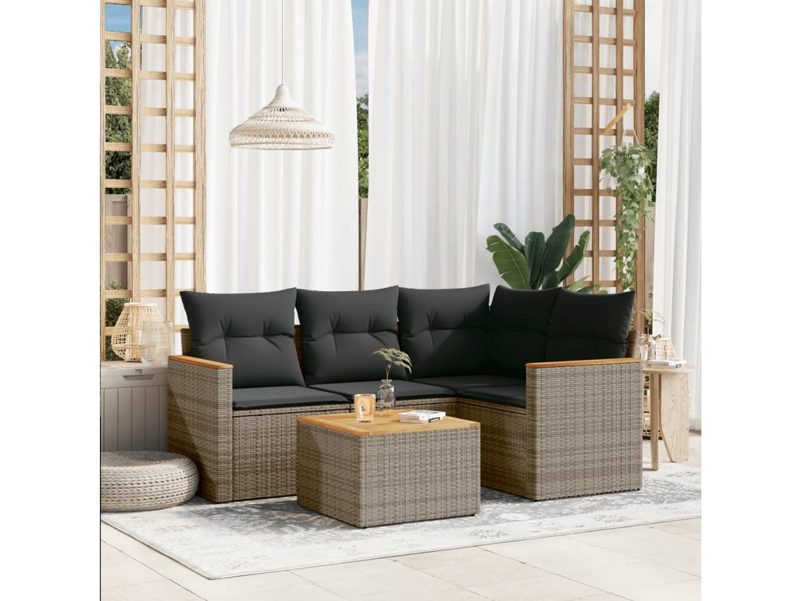 Vidaxl 5 Pcs Conjunto Sofás De Jardim C/ Almofadões Vime Pe Cinzento