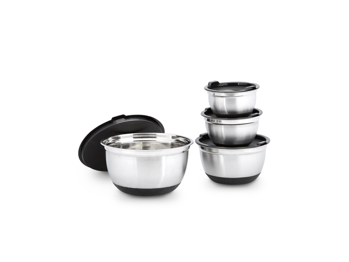 Conjunto de Tigelas RELAXDAYS Bowly com Tampa, 14,5 X 25,5 X 25,5 Cm, 4 Peças, Empilháveis, Inox, Prateado e Preto.