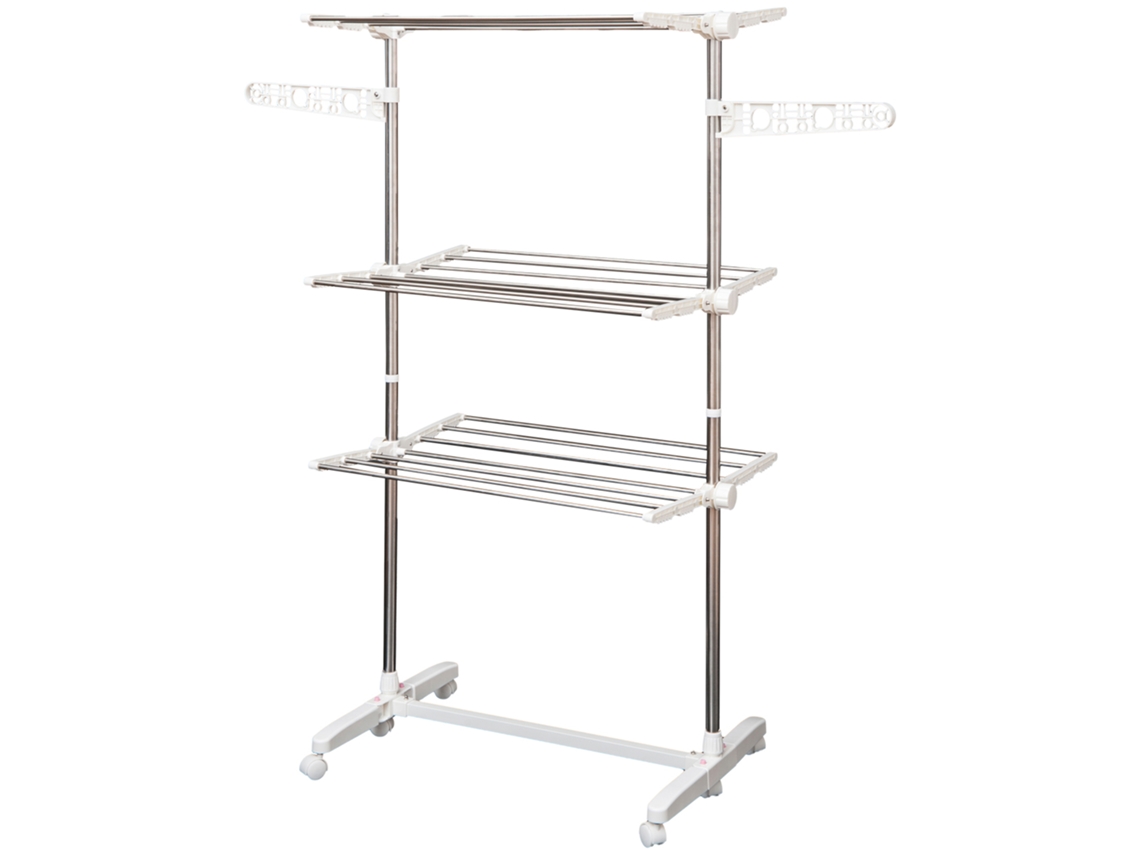 Estendal Para Roupa Dobrável 80x55x152cm Com 6 Rodas E 3 Prateleiras Com Altura Ajustável De Aço Inoxidável Prateado