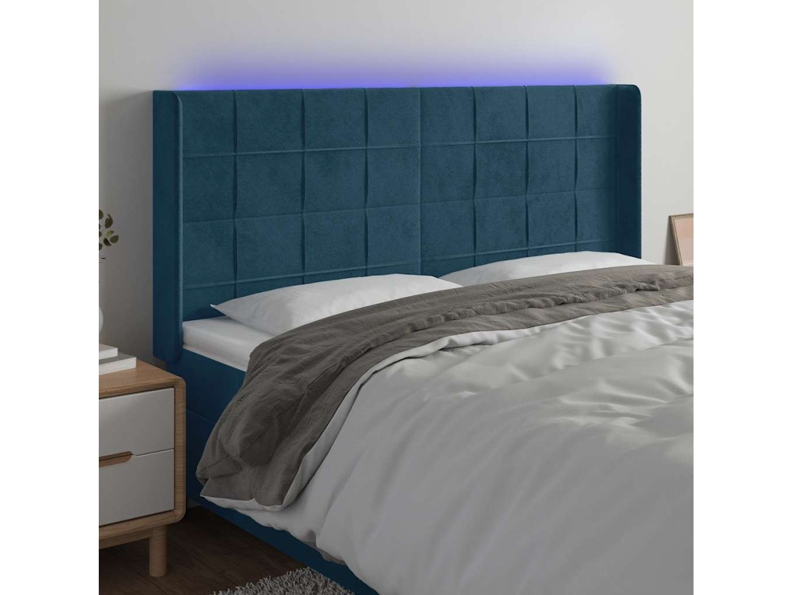 Vidaxl Cabeceira Cama C/ Luzes Led Veludo 163x16x118/128cm Azul-escuro