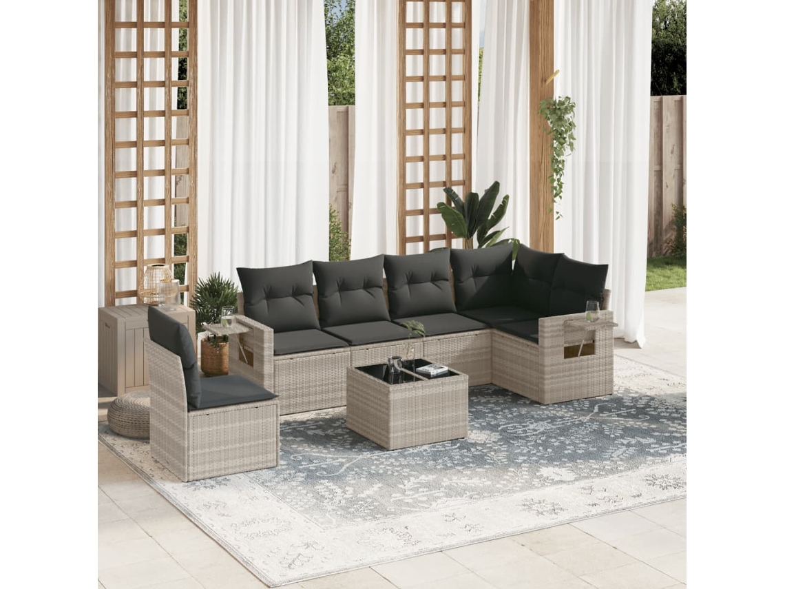 Vidaxl 7 Pcs Conj. Sofás Jardim Com Almofadões Vime Pe Cinzento-claro