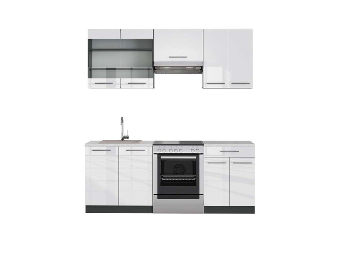 Cozinha Fame-Line, 200 cm, Mármore PT, Branco brilhante/Antracite, Vicco