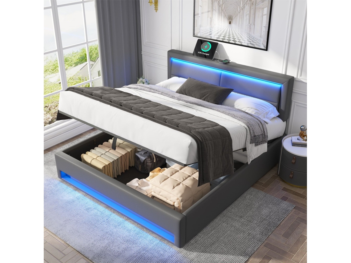 Cama Estofada Porta Usb Iluminação Led Espaço Armazenamento Gutent Pele Sintética Cinzento (160x200cm)