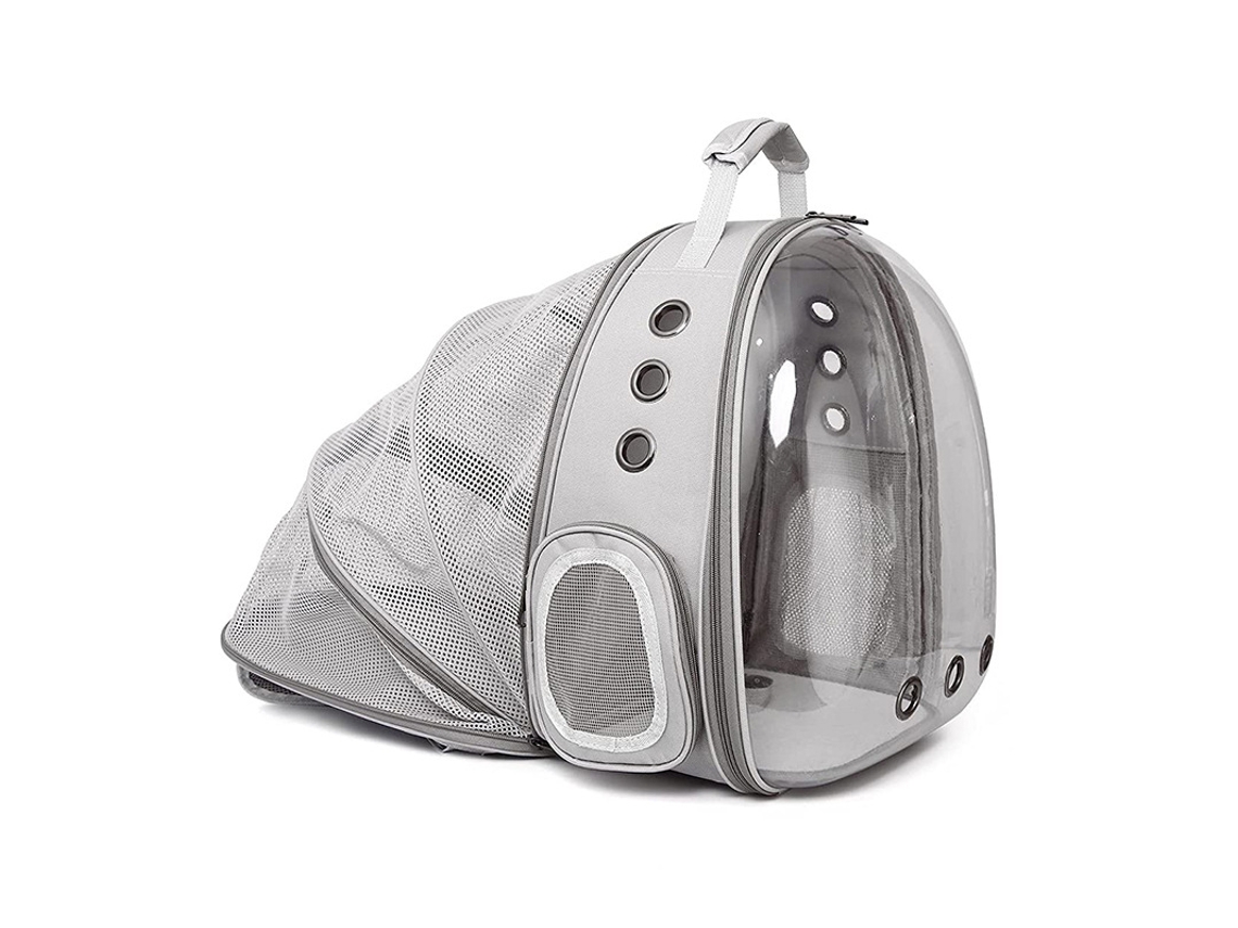 Mochila de Transporte para Cães e Gatos AQUAFORGE transparente, expansível para viagens aéreas cinza