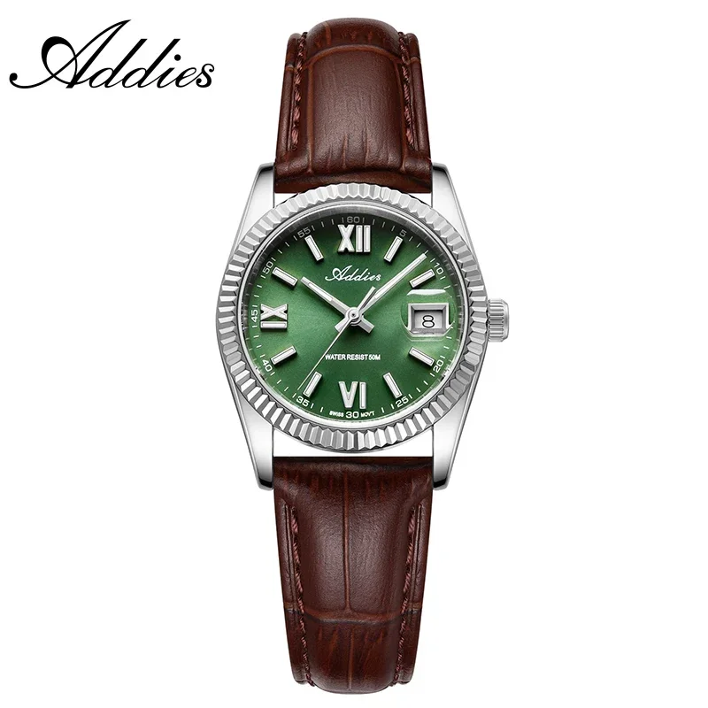 Relógio Feminino De Quartzo Luminoso Com Cristal De Safira (couro Verde-prateado), Resistente À Água Até 5 Bar.
