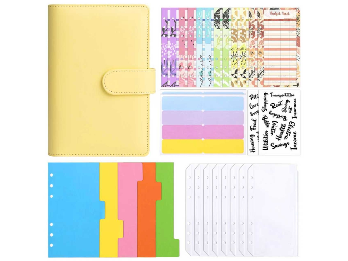 A6 Pu Leather Binder Planner, Macaron Yellow, With 8-bill Pockets, 12-cash Budget Cards, 3-label Stickers, 2-clear