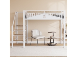 Cama Alta Metálica 140 X 200 Cm - Design Exclusivo Com Janela, Escada De Segurança E Amplo Espaço De Arrumação Debaixo Da Cama - Branco