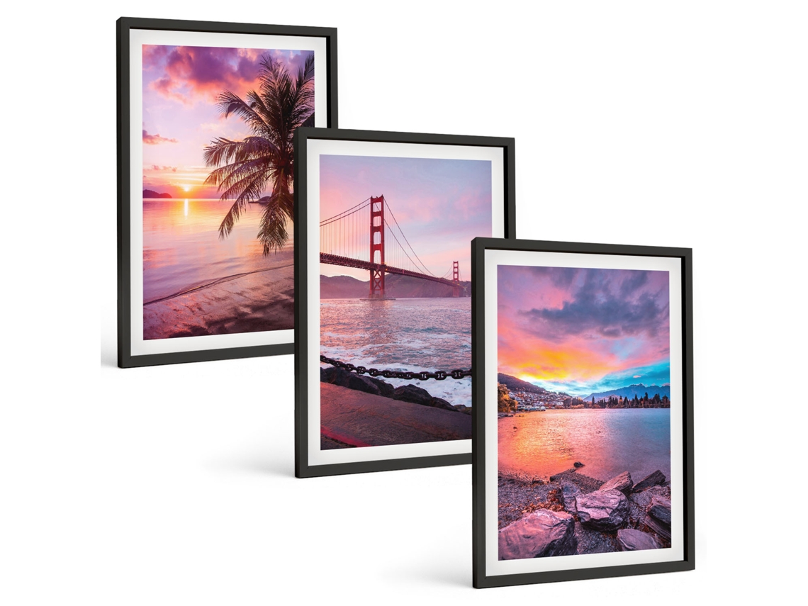 Conjunto De Pinturas Paisagem Com Ponte Ao Pôr Do Sol Espelharte (3 Peças 40x60 Cm)