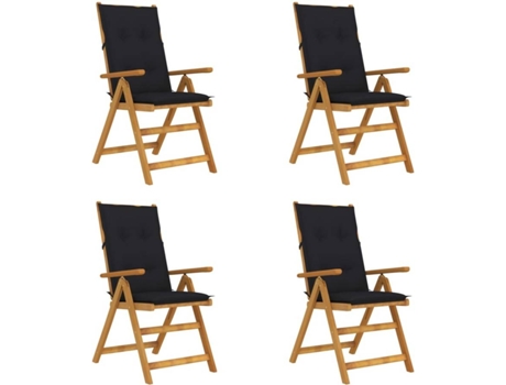 Conjunto 4 Cadeiras de Jardim  Reclináveis com Almofadas (Preto - Madeira - 57x69x111 cm)